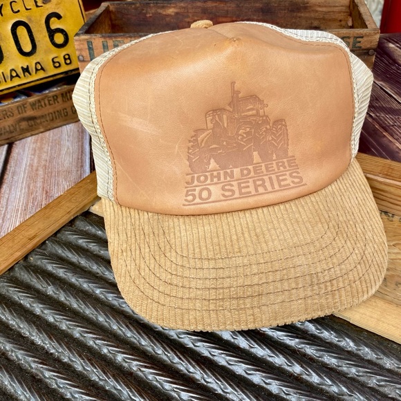 ?✨VINTAGE 80’s JOHN DEERE LEATHER +CORDUROY MESH SNAPBACK TRUCKER HAT O/S
